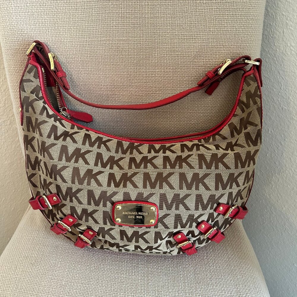 Micheal Kors Buckle Hobo MK with red leather